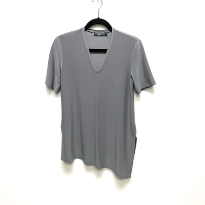#ad Sympli Womens Gray V Neck Short Sleeve Side Slit Asymmetrical Hem Tunic Top 10 $16.77