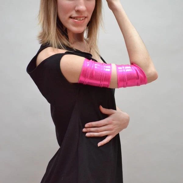 Bicep Arm Cuffs Pink Metallic Bands Dance Costume Gloves Spandex Sleeves Cyber