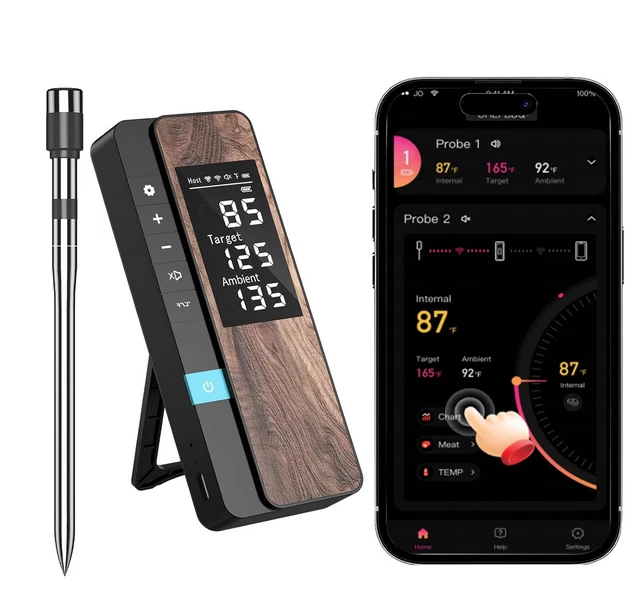 Wireless Smart Meat Thermometer w/ Display Base App Control BBQ Grill