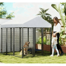 6x6x6ft Outdoor Dog Kennel w/ Roof Cover, 360  Rotating Bowls, 4-Level Rack