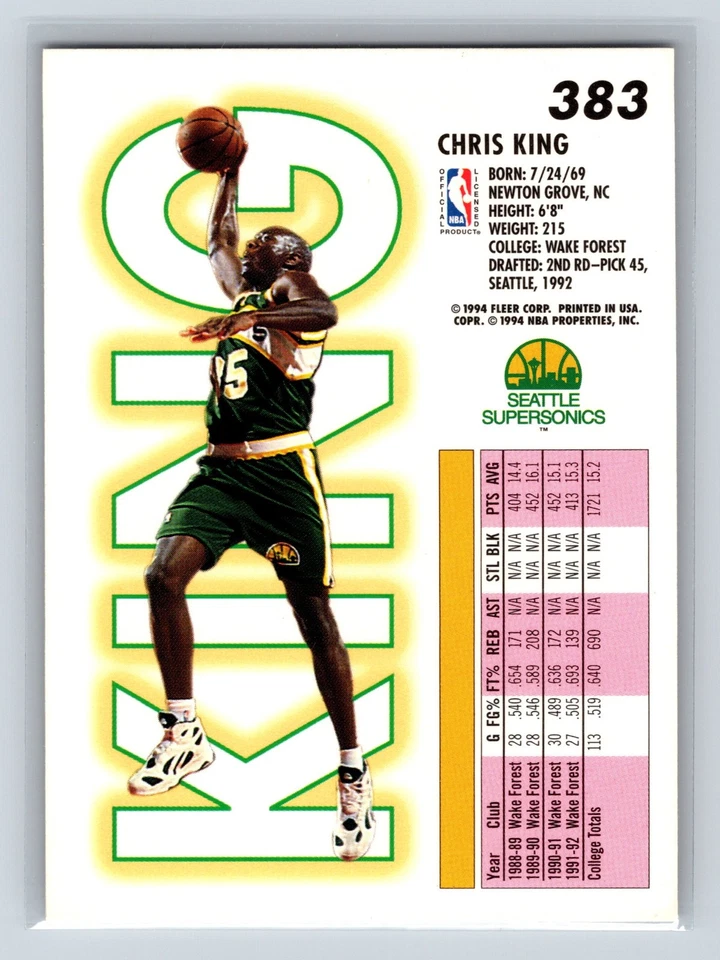 1993-94 Fleer - Chris King #383 (RC) - Image 2 of 2