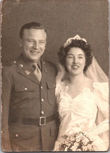 Vintage Wedding Photo WWII Era Soldier Groom Bride Sepia Tone Military Uniform