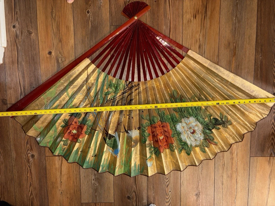 Extra Large Vintage Oriental Gold Leaf Folding Wall Fan Oriental Birds 56 Inch W - Image 4 of 4