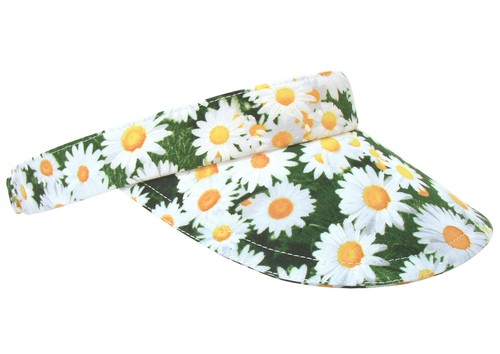 "Daisy Chain" Bright White Yellow Daisies Grassy Green Background SUN Golf Visor - 第 1/5 張圖片