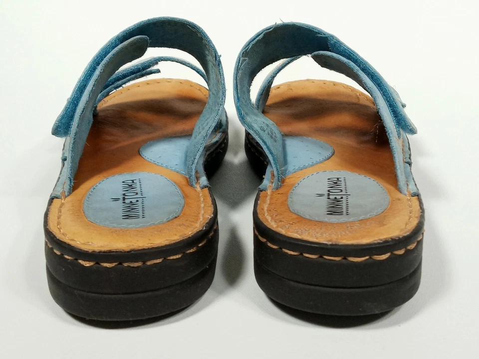 Minnetonka 女式 5375 蓝色皮革拖鞋凉鞋金色花卉尺寸 11 好 — 第 4/4 张图片