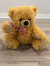 Steiff 12" Bobby Teddy Bear 013379 Golden Yellow Friend Red Bow Brass Button Tag