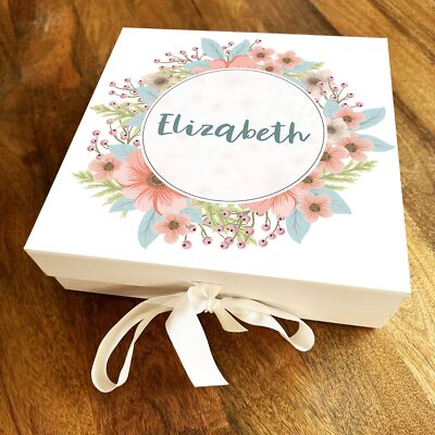Quadratisch Pfirsich Blau & Rosa Blumenkranz Bordüre Geburtstag Personalisiert Geschenkbox