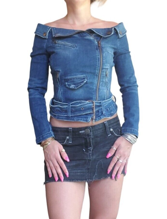Miss Sixty off shoulder moto denim jean jacket gr… - image 11