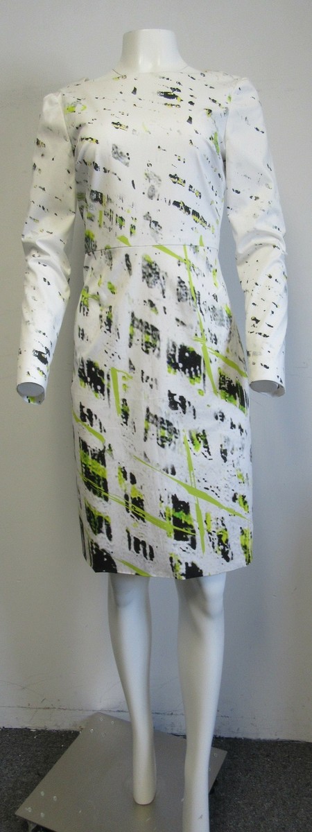 reed krakoff dress beige Ivory w/ black & lime green abstract print & low v back SZ 10 Size:17 / l-xl