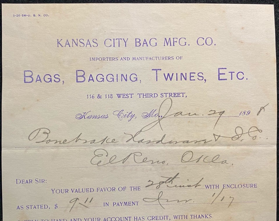 1898 **KANSAS CITY BAG MANUFACTURING COMPANY** MISSOURI 9.11 PAYMENT
