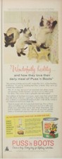 Vintage 1950s Puss N Boots Cat Food Print Ad Siamese Cats Kitten Feline Playing
