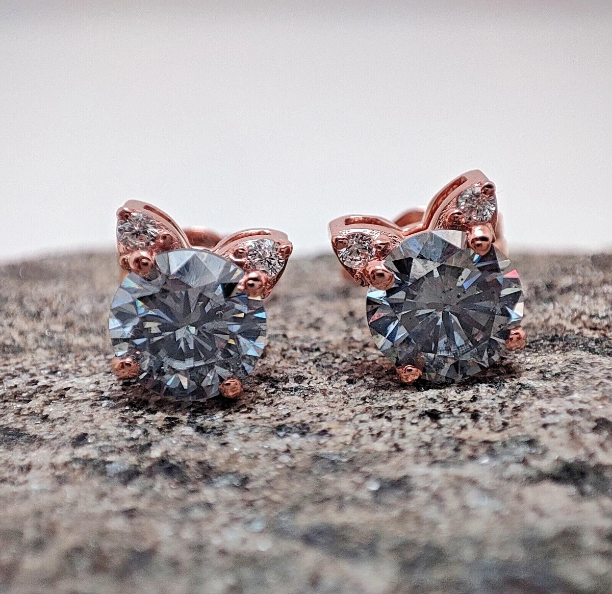 5.5mm Round Cut Gray Moissanite Push Back earring 10K Rose Gold