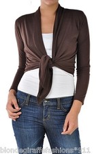 Brown Drape/Tie Front Long Sleeve Cropped Bolero Cover-Up Cardigan S M L XL