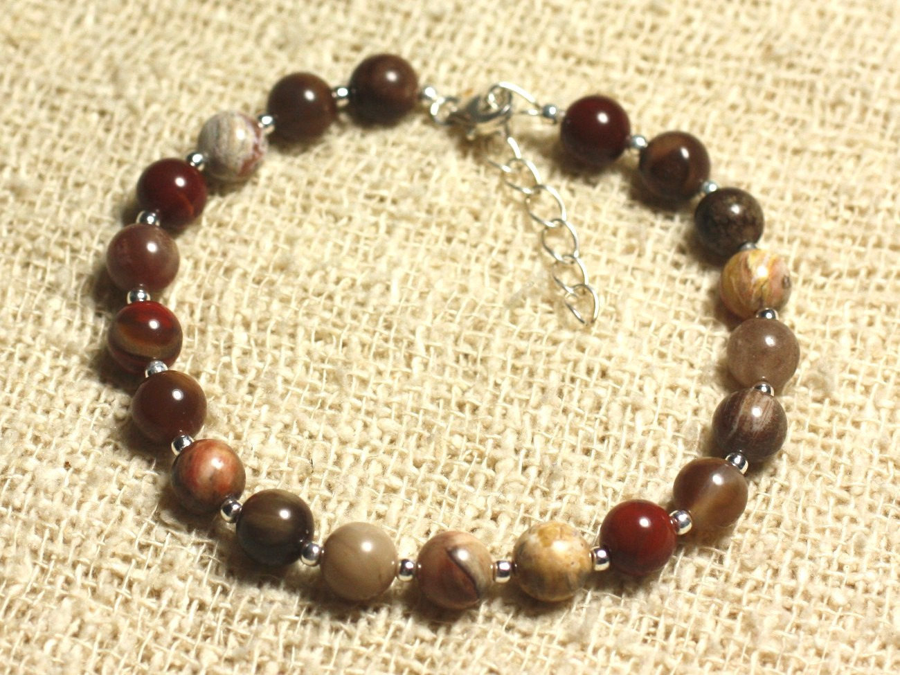 Bracelet argent 925 agate bois fossile 6mm, une idée cadeau d'anniversaire symbolique et unique