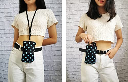 Men Women Phone Neoprene Shockproof Zippered Sleeve Black Turquoise Polka Dots - 第 3/7 張圖片