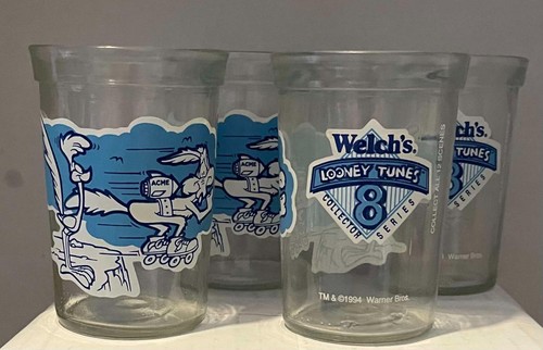 1994 Welch's Jelly Glasses Looney Toons Series 8 Set of 4 6oz Road Runner&Coyote