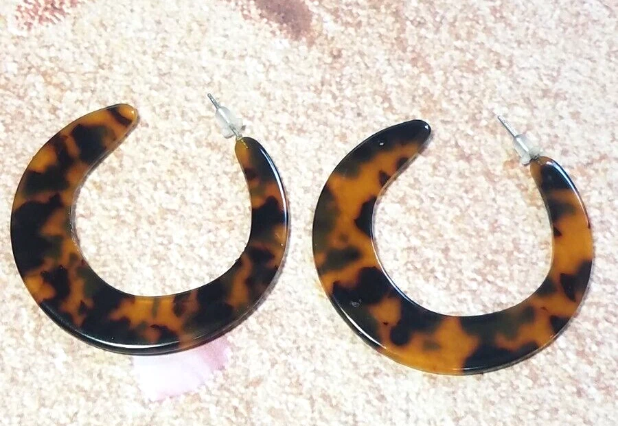 Vintage Tortoiseshell Flat Thin Large Hoop Acrylic Post Earrings Lightweight Foto 3 de 4
