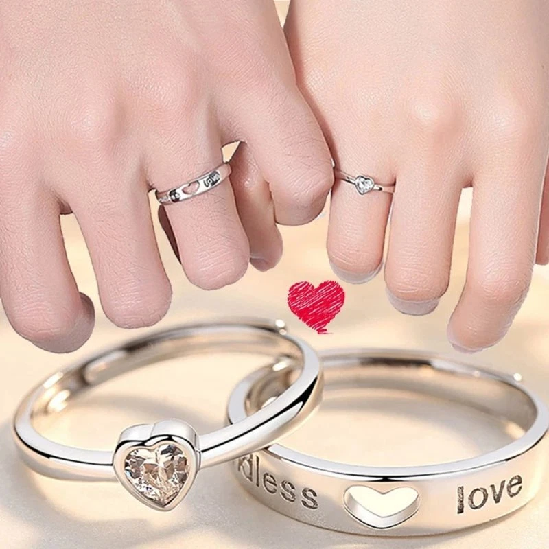 2pcs/set 925 Silver Zircon Promise Ring Couple Adjustable Letters Lover Heart - Image 2 of 4