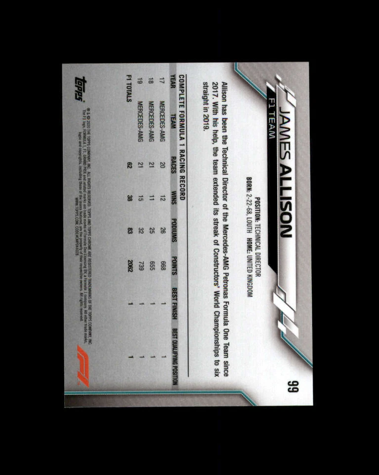 2020 Topps Chrome Formula 1 #99 James Allison (ref 164863) - Image 2 of 2