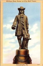 William Penn Statue City Hall Tower Philadelphia PA Pennsylvania Linen Postcard