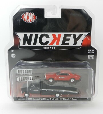 1:64 GreenLight ACME *NICKEY* Black 1970 C-30 RAMP TRUCK & Red 1967 Camaro NIP