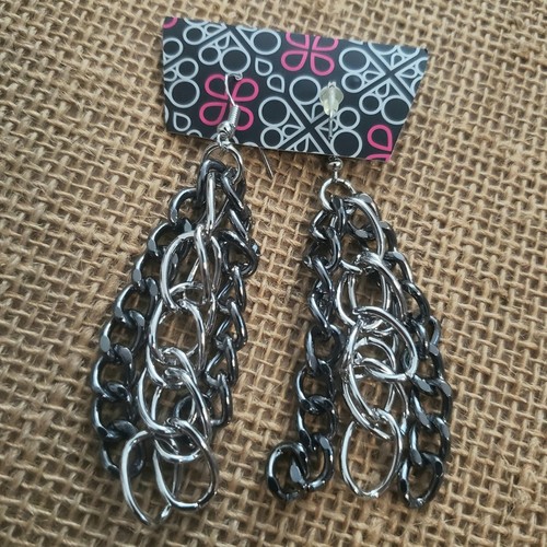 PERFECT LOT/2 Pair Black/Brown Fashion Sunglasses 3" Dangle Chain/Wood Earrings - Picture 7 of 8