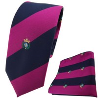 Schmale Tigertie Krawatte + Einstecktuch Lila Violett Pupur Gestreift Mit Wappen