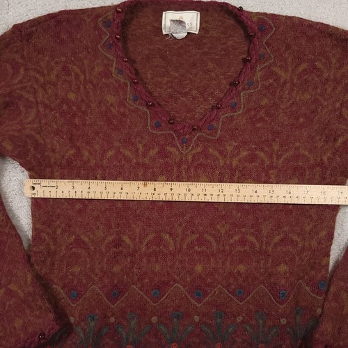 Vtg Express Tricot Knit Mohair Wool Blend Sweater Women's Medium Burgundy Beige - Picture 7 of 13