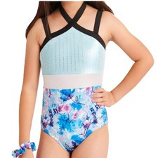 JUSTICE Girl's size S 7/8 LEOTARD Blue Floral/Gem Foil New with Tags