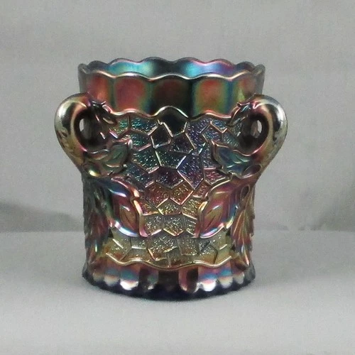 DUGAN MAPLE LEAF BLUE CARNIVAL GLASS SPOONER