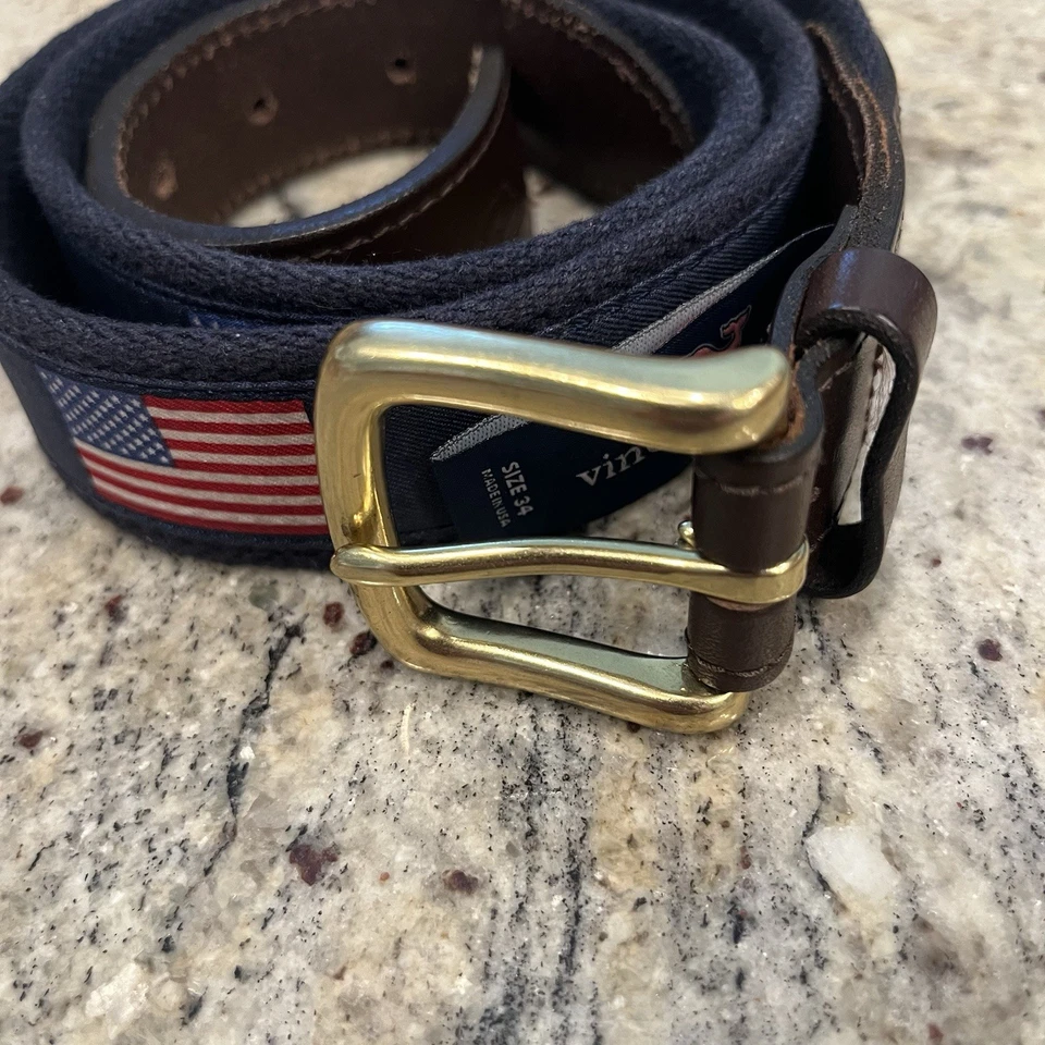 Cinturón Vineyard Vines Hombre 34 Bandera Americana Cinta Azul Algodón Tela Cuero Marrón Foto 2 de 4