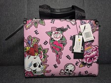 Borsa a tracolla Ed Hardy rosa teschio tatuaggio floreale tracolla staccabile nuova con etichette