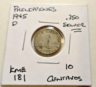 1945 D PHILIPPINES 10 Centavos Coin -KM 181 - .750 Silver - (SI