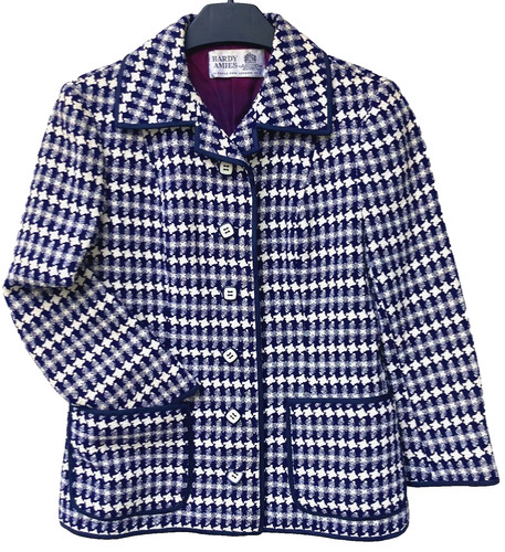 Hardy Amies, Vintage 60s HARDY AMIES Savile Row Houndstooth Linton Tweed Navy Blazer Jacket 8