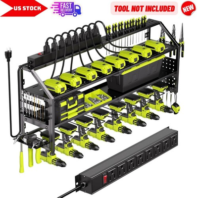 #ad Wall Mount Power Tool Organizer w Charging Station 8 Drill Holder Battery Rack $97.33