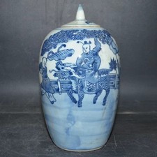 Chinese Qing Blue and White Porcelain Kylin Kids Pattern Pot Tea Caddy 8.66 inch