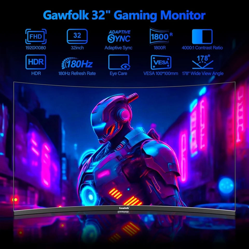 Monitor para juegos Gawfolk 32 pulgadas, pantalla curva de computadora 165HZ/180HZ, 32  - Imagen 2 de 4