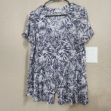 Indigo Rose Womens 1X Short Sleeve Tropical Print Button Up Blouse Lavender