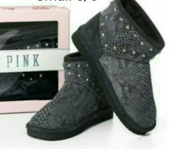 Victoria Secret ROSA Piel Forrada Mukluk Botines Cortos Cuero Gris Piel de Serpiente Foto 2 de 4