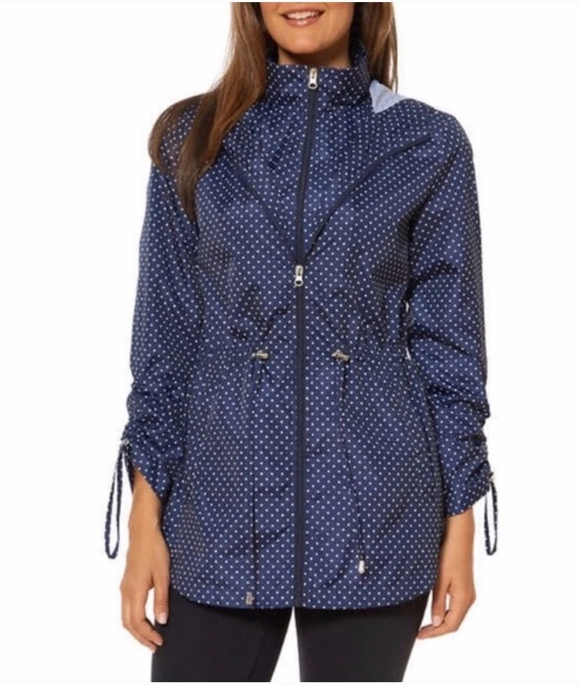 Jones New York Women's Packable Parka in a Pocket Rain Jacket, Navy Mini Dot L
