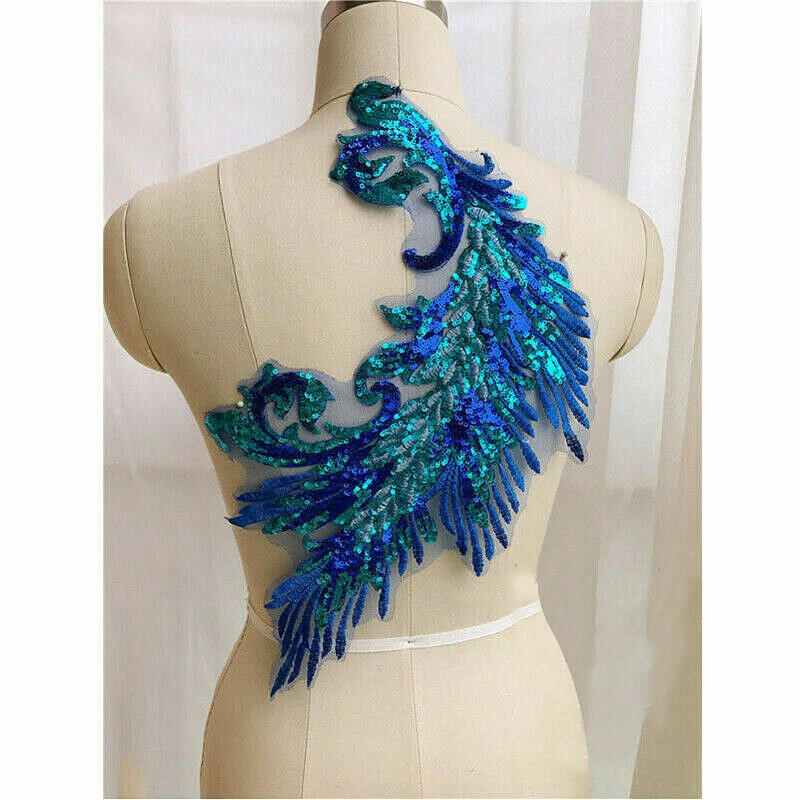 Peacock Embroidery Lace Applique Sequins Tulle Patch DIY Sewing Clothing Decor - Image 2 of 4