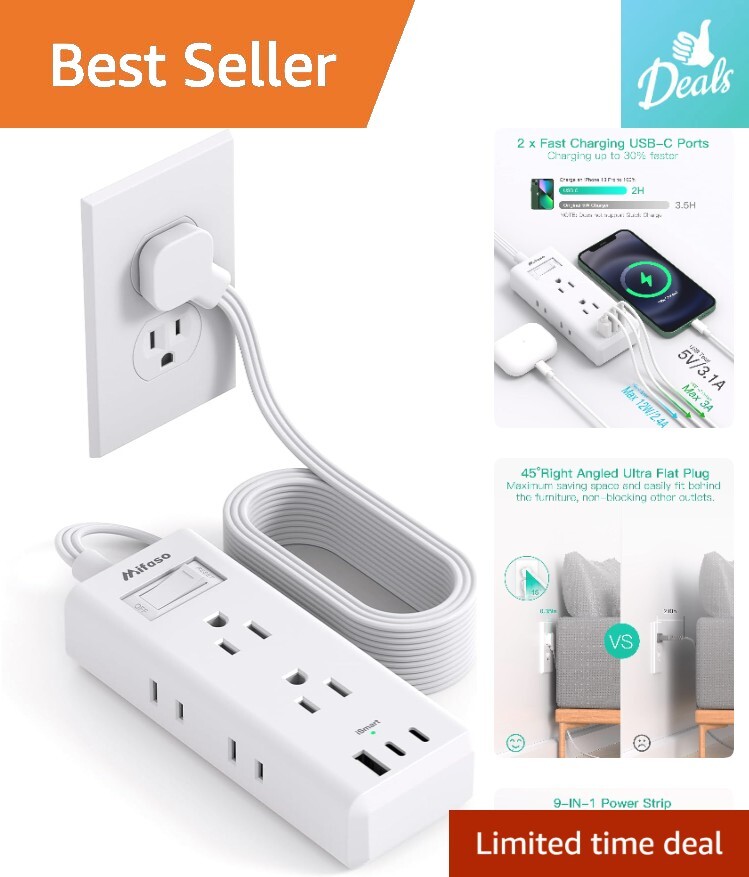 Small Extension Cord 15 Ft Flat Plug Power Strip with 6 Outlets 3 USB Ports New.-image