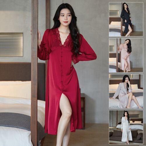 1pcs Women Satin Nightdress Sleepwear Lady Lace Trim Dress Nightgown Pajamas - Picture 1 of 23
