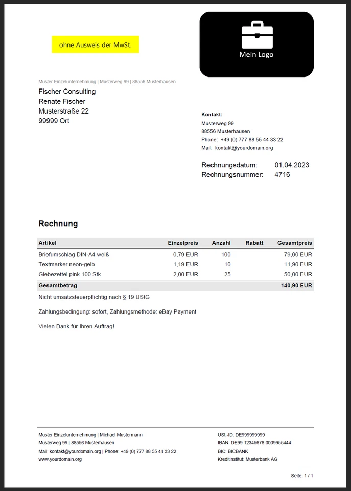 Rechnungsprogramm PDF Rechnung erstellen auch §19 Kleinunternehmer - kein Excel - Bild 3 von 4