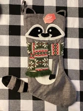 NWT Gray Burlap RACCOON CHRISTMAS STOCKING By Holiday Time 2D Design