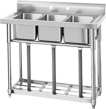 Stainless Steel Commercial Kitchen Utility Sink with 3 Compartment Backsplash