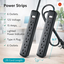 6 Outlet Power Strip 2 Pack Black Flat Plug 2ft Short Extension Cord Wall Outlet