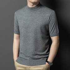 Mens Knit Short Sleeve Sweater Cashmere Blend Crewneck Pullover Knitwear Classic
