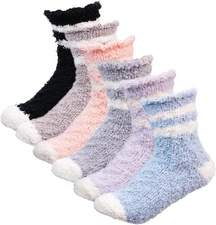 Women Fuzzy Warm Slipper Socks - 6 Pairs Super Soft Microfiber Cozy Sleeping Soc