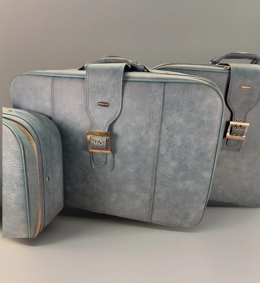 Vintage Teal Meridian Luggage Set 3pc Mid Century Suitcases w/ Keys & Tags - Image 3 of 4